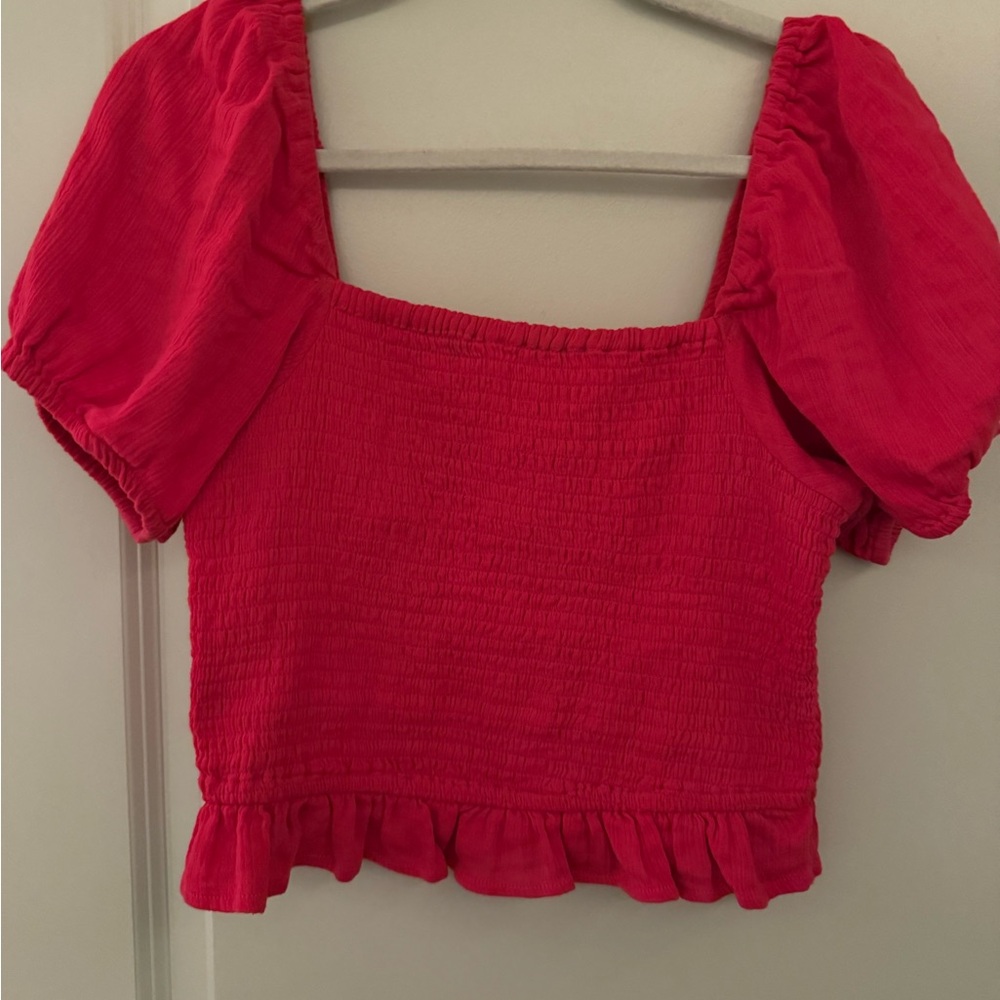 Macy's Red Puff Sleeve Smocked Crop Blouse